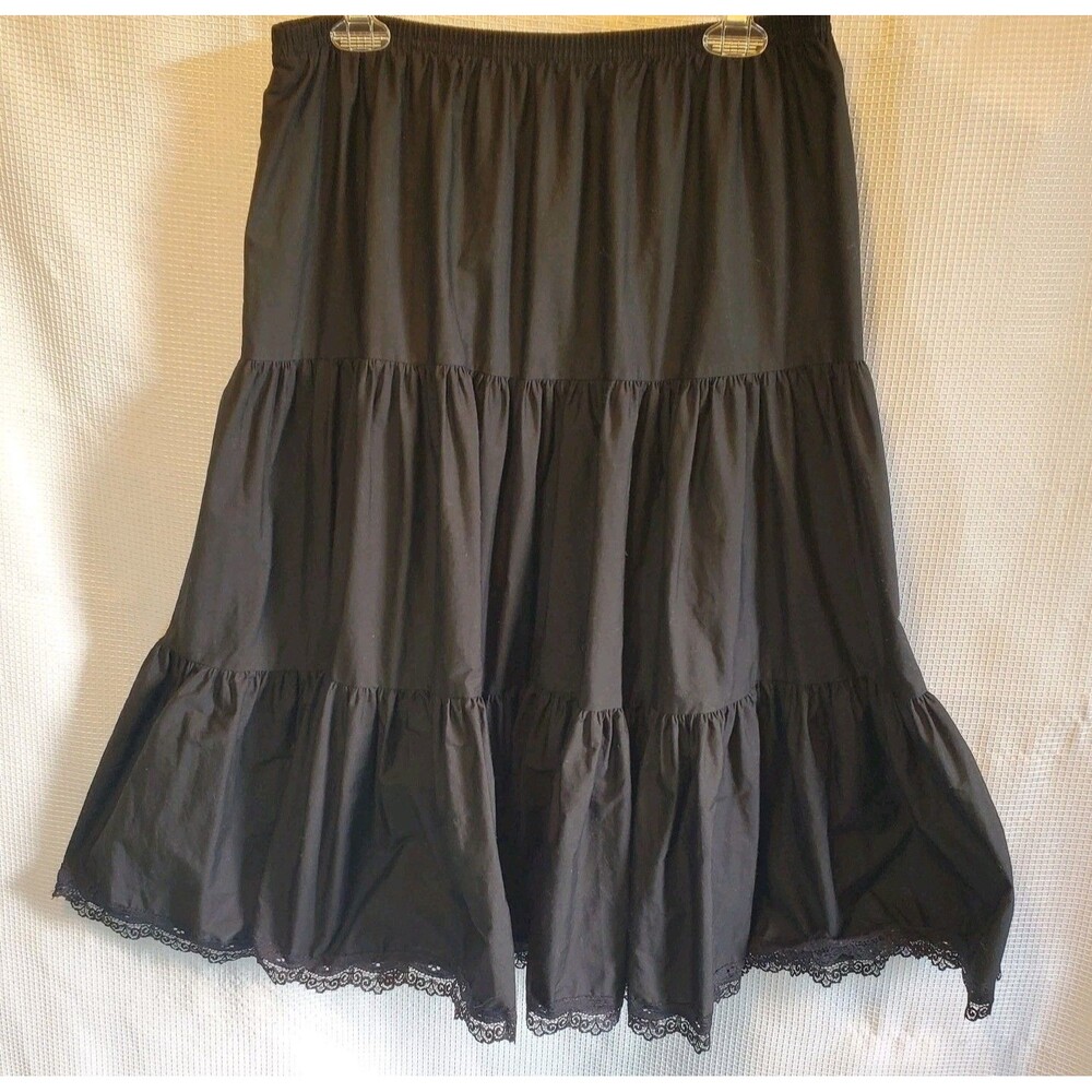 Womens Sz Large Black Tiered Full Circle Skirt Lace Trim Whimsygoth Summer